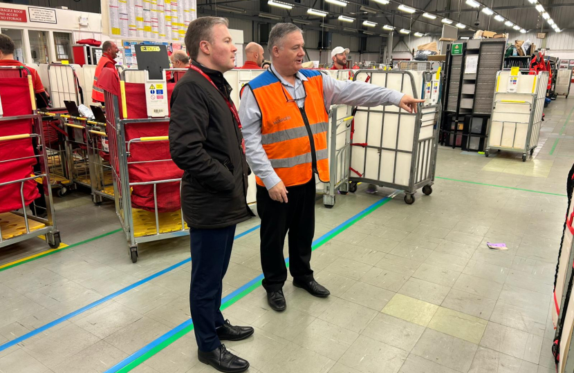 Bradley visiting the Royal Mail's Bromsgrove Delivery Office