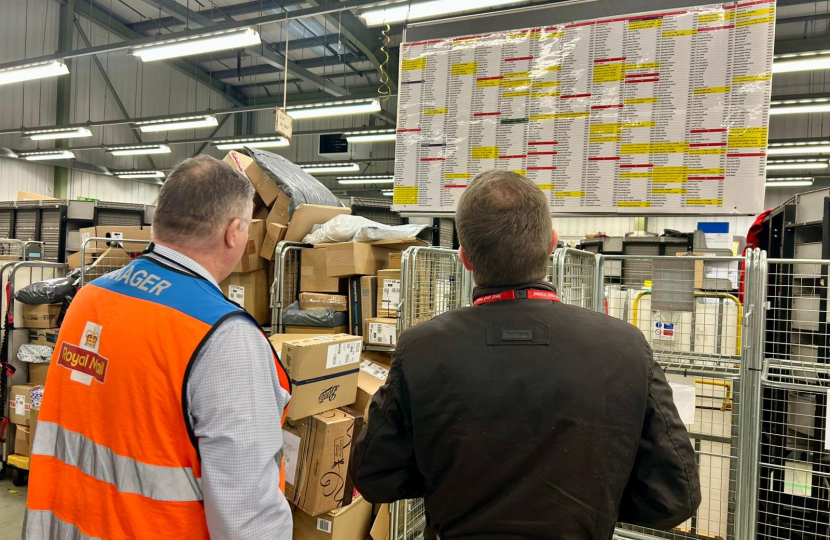 Bradley visiting the Royal Mail's Bromsgrove Delivery Office