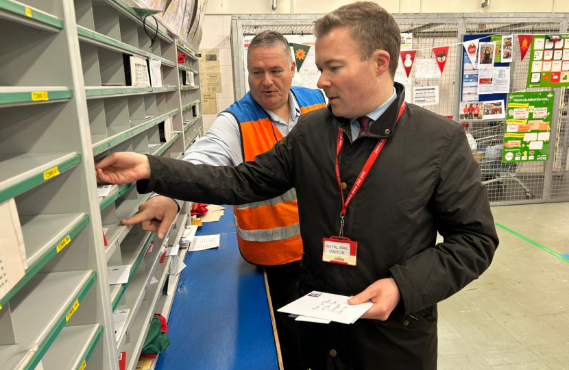 Bradley visiting the Royal Mail's Bromsgrove Delivery Office